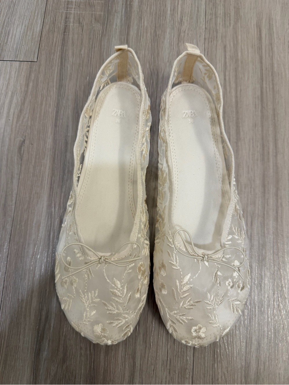ZARA Sheer Embroidered Ballet Flats Cream Mesh Floral Shoes Size 36